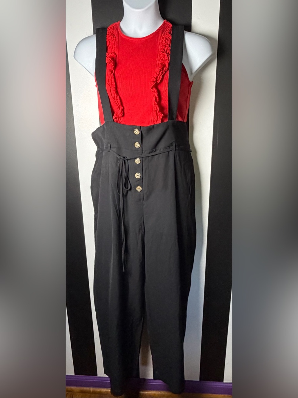 SHEIN Plus Black High-Waist Wide-Leg Suspender Pants with Button Front